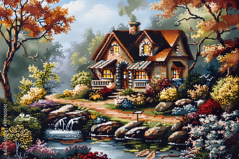 Poster a house with a garden and a small waterfall in front of it. the house is surrounded by trees and bus