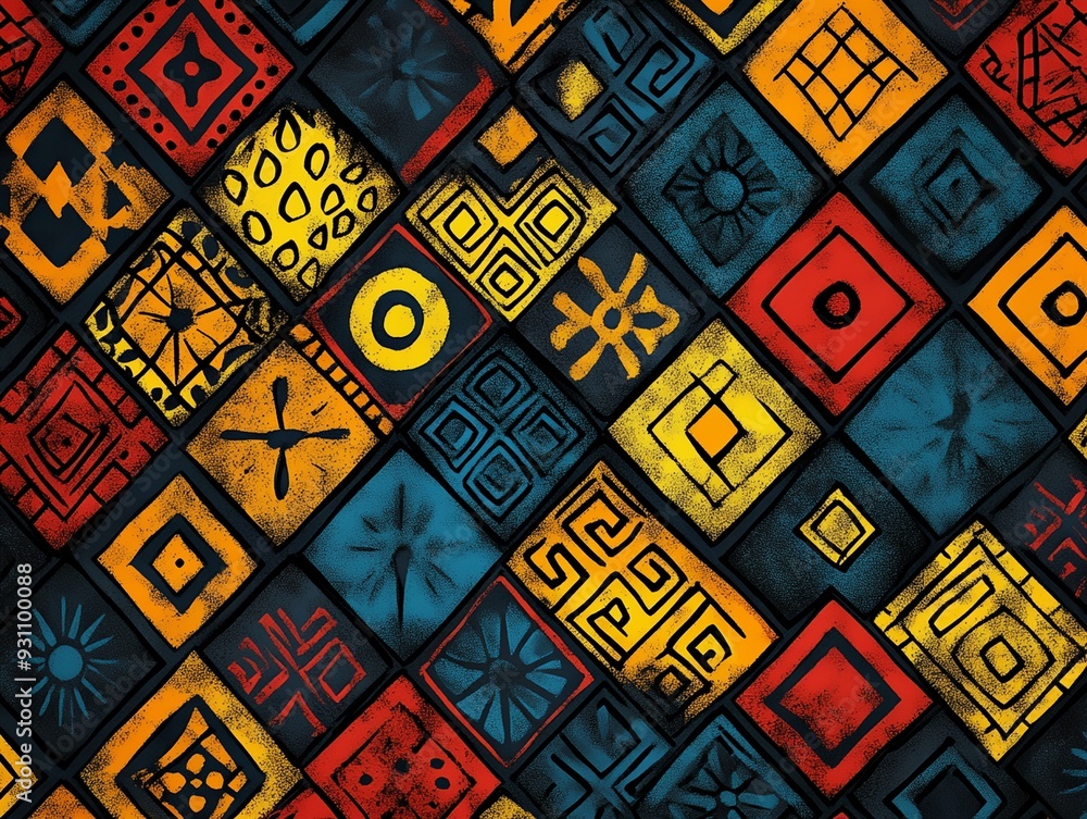 Poster a colorful pattern of squares and circles. the squares are blue, yellow, and red. the squares and ci