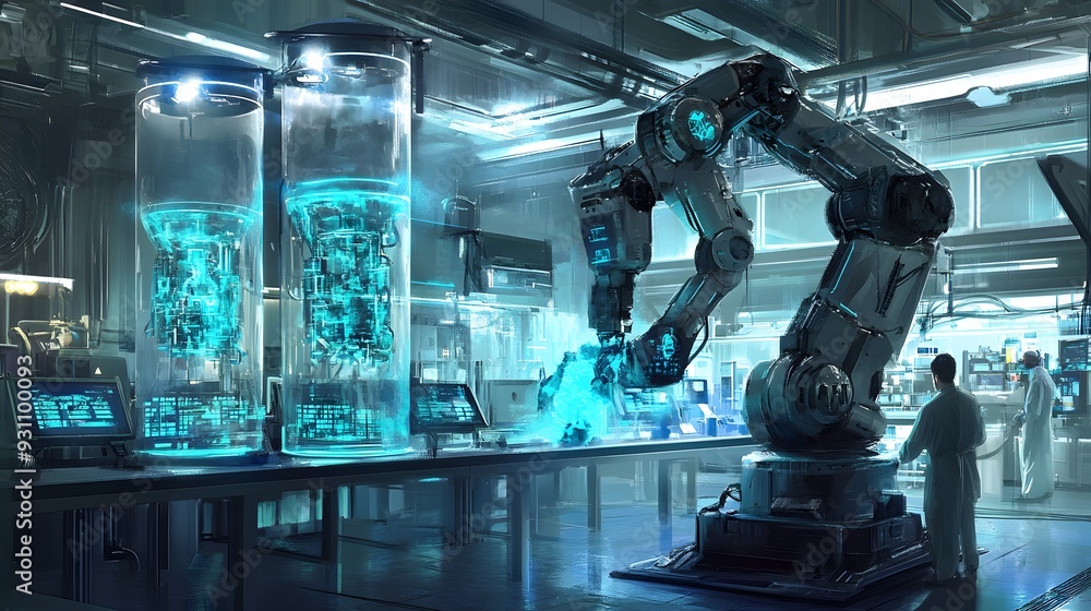 Poster 39. a futuristic scene with a robot designed for neutralizing toxic waste in a high-tech lab