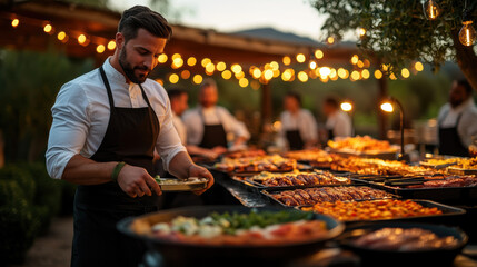 A chef carefully prepares plates of gourmet barbeque dishes under warm, glowing lights at an elegant outdoor evening event.