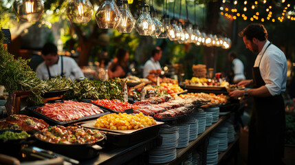 A colorful, vibrant outdoor buffet spread under hanging lights, with chefs and diners interacting in the background, creating a festive atmosphere.