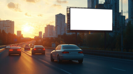 Cars driving towards the city under a golden sunset with a large, empty billboard standing prominent alongside the road.
