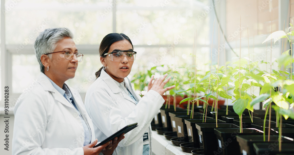 Sticker Research, medical and women with tablet, plants and collaboration with connection, talk or pharmaceuticals. People, employees or researchers with tech, study or digital app for gmo results or science