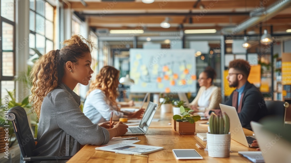 Canvas Prints A dynamic office environment with a diverse team of professionals collaborating around a large conference table, brainstorming ideas with laptops and whiteboards in use. Generative AI.