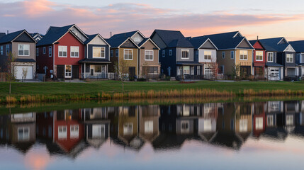 A peaceful neighborhood where houses reflect different colors at sunrise, Monday morning, rainbow awakening