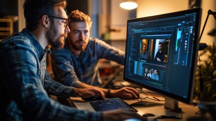 Two creative professionals collaborate intently while editing a project on a computer in a modern office, illuminated by warm lighting.