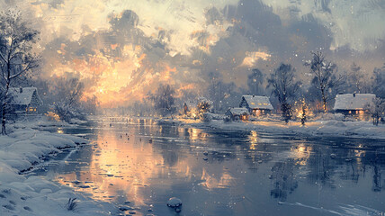 Obraz premium Snow-covered village at sunset with reflection on a calm river in winter