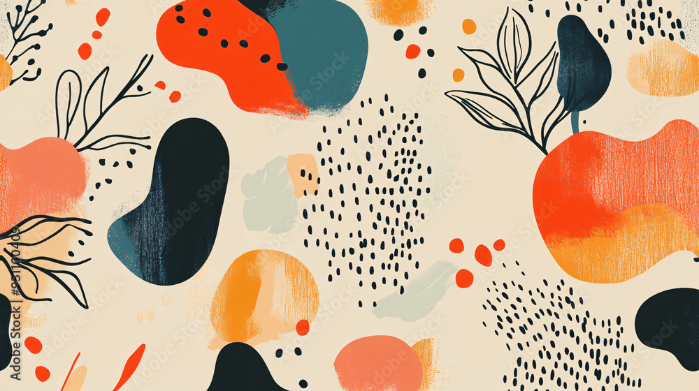 Poster abstract fluid forms and vibrant organic shapes combined with botanical elements in a seamless patte