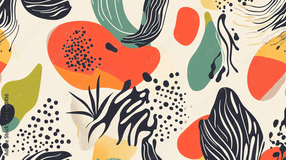 Poster abstract fluid forms and vibrant organic shapes in seamless botanical pattern design.