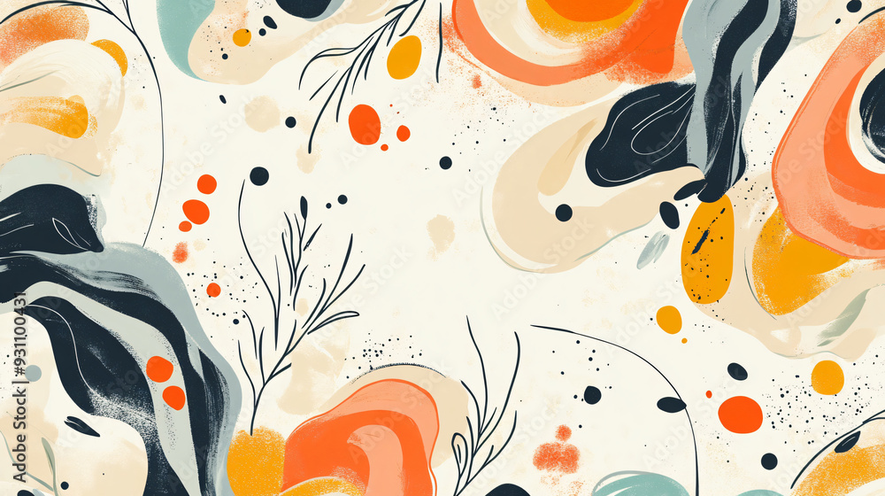 Poster abstract fluid forms and vibrant organic shapes combined with botanical elements in a seamless patte