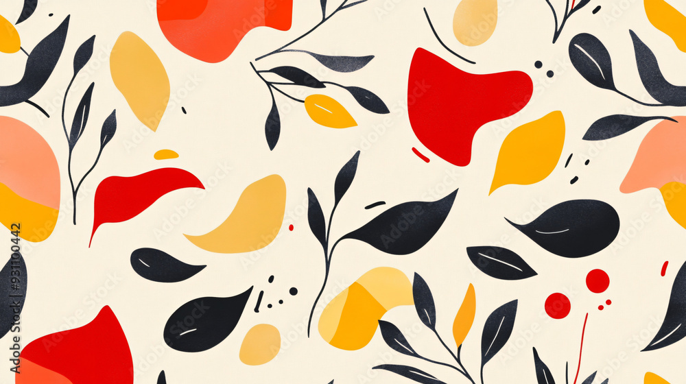 Poster abstract fluid forms and vibrant organic shapes combined with botanical elements in a seamless patte