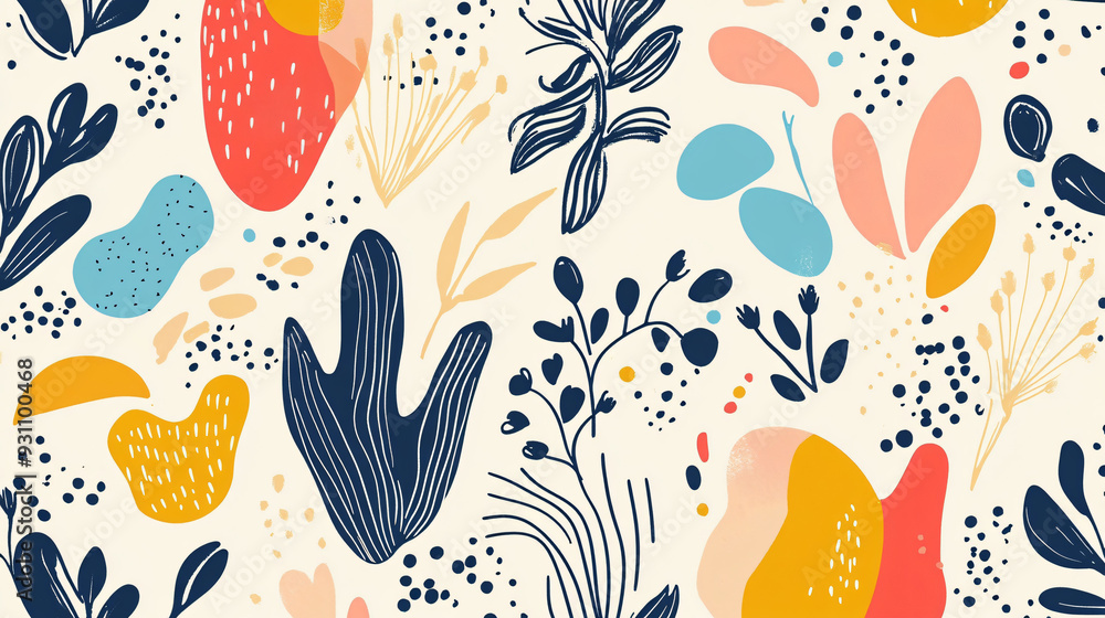 Poster abstract fluid shapes and botanical motifs in a vibrant color palette, arranged in a seamless patter