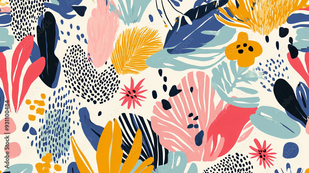 Poster abstract fluid shapes and botanical motifs in a vibrant color palette, arranged in a seamless patter
