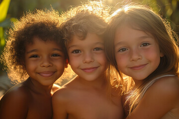 A group of children are playing happily in the sun. Children of different skin colors and nationalities are suitable for education and peace, showing strong tolerance.