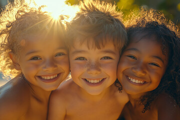 A group of children are playing happily in the sun. Children of different skin colors and nationalities are suitable for education and peace, showing strong tolerance.