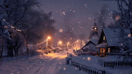Naklejka premium A snowy winter evening in a quaint village with festive lights and falling snow