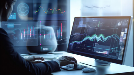 A person is using an AI technology device to interact with digital data and graphs on the screen, while sitting at their desk in front of them. 

