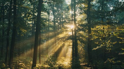 Sunrays through the trees in a forest