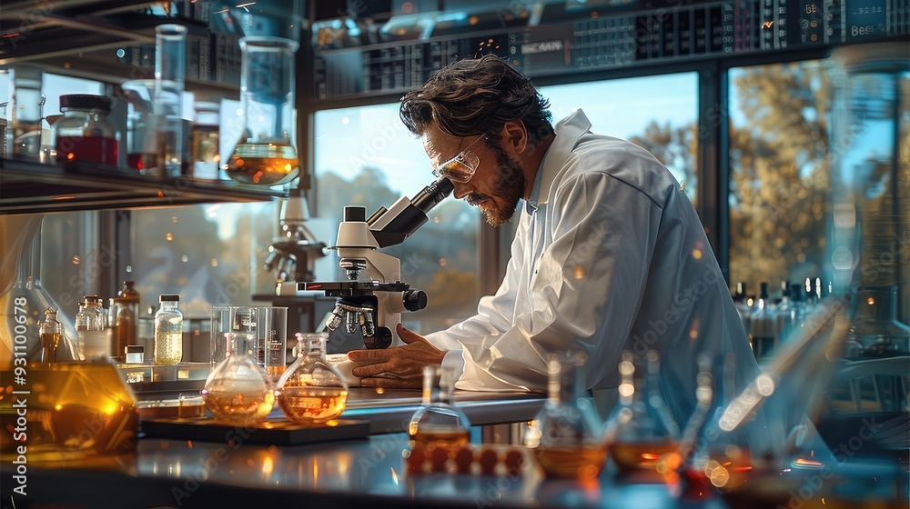 Poster a scientist in a white coat and safety glasses focuses on a chemical experiment, stainless steel tab