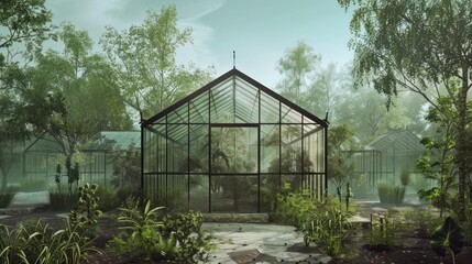 Greenhouse in a misty forest.