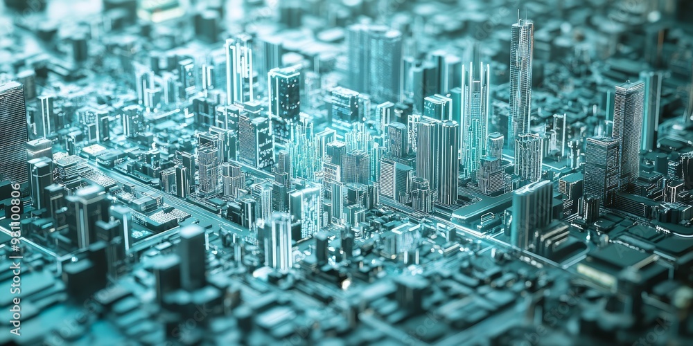 Poster Futuristic interface for urban planning, featuring responsive city design elements, real-time data feeds, and advanced technology integration