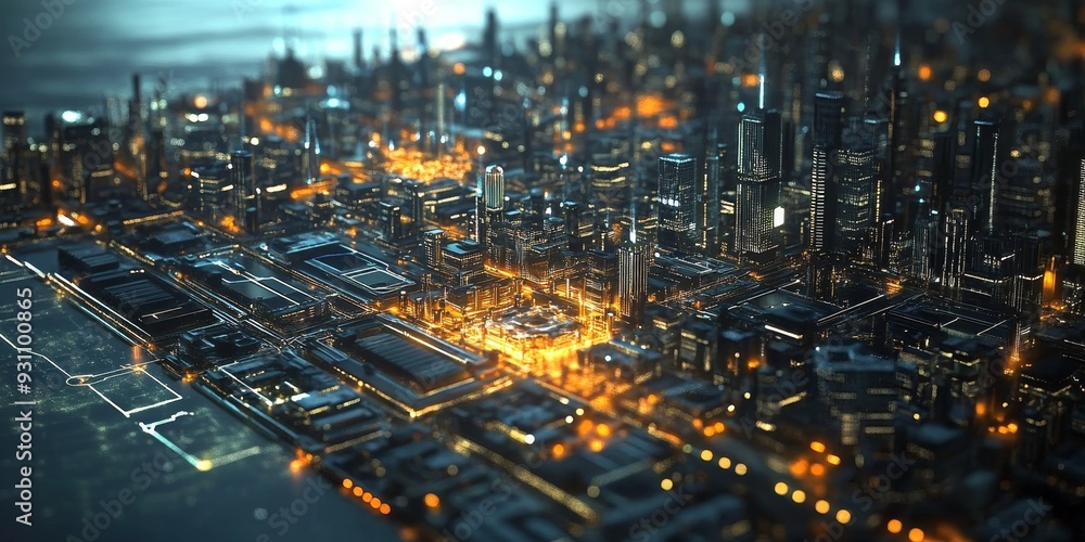 Poster Futuristic interface for urban planning, featuring responsive city design elements, real-time data feeds, and advanced technology integration