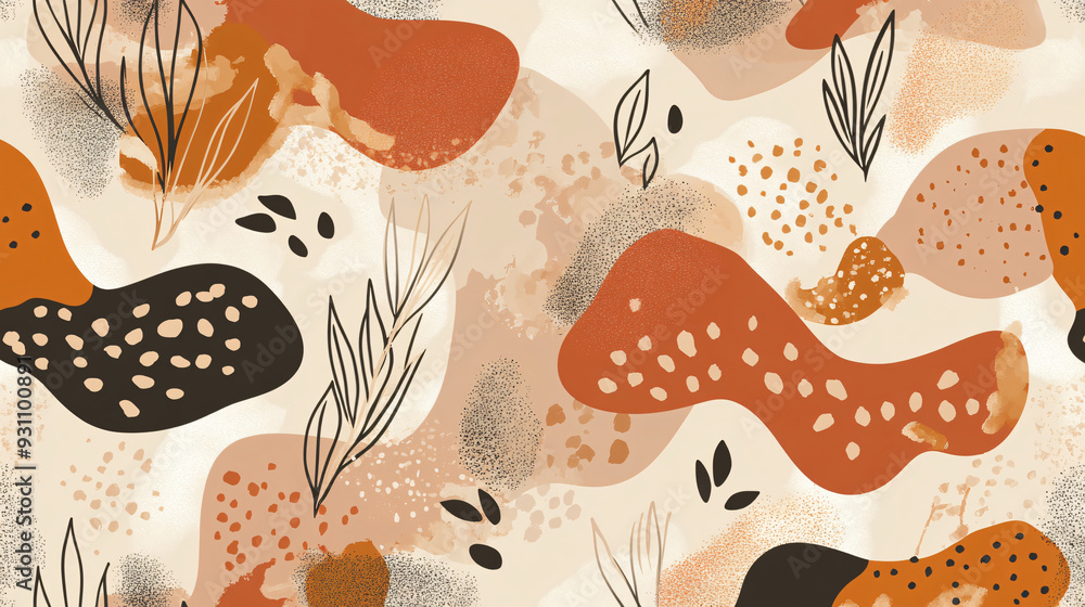 Poster abstract seamless pattern with soft, flowing organic shapes and botanical elements in warm earthy to