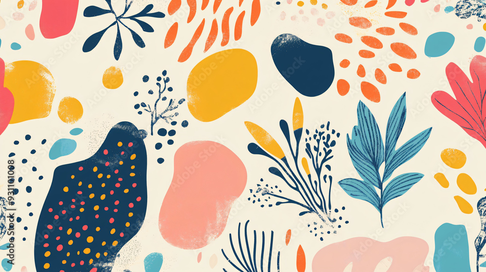Poster abstract shapes and botanical motifs in vibrant colors, forming a playful seamless pattern on a ligh