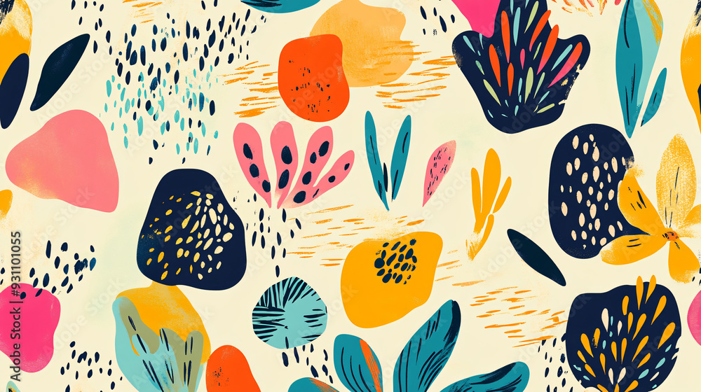 Poster abstract shapes and botanical motifs in vibrant colors, forming a playful seamless pattern on a ligh