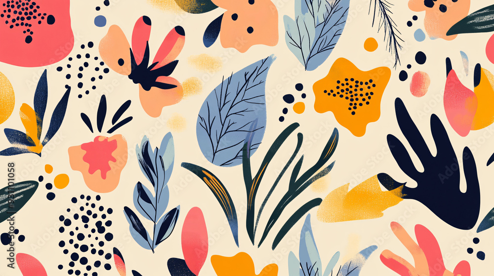Poster abstract shapes and botanical motifs in vibrant colors, forming a playful seamless pattern on a ligh