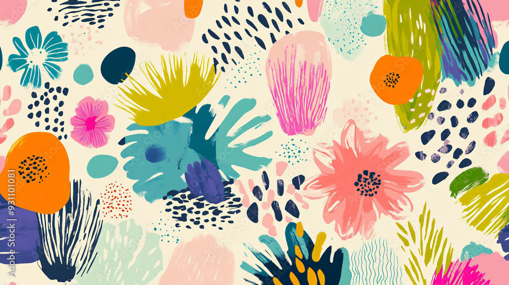Poster abstract shapes and playful botanical elements in vibrant colors, forming a seamless pattern on a li
