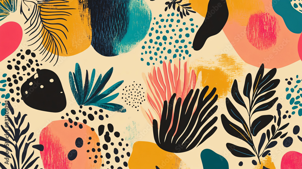 Poster abstract shapes and playful botanical elements in vibrant colors, forming a seamless pattern on a li