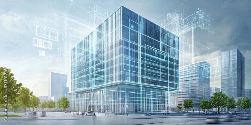 Poster Advanced interface for intelligent buildings, showcasing responsive design elements, real-time monitoring, and tech-driven building management tools