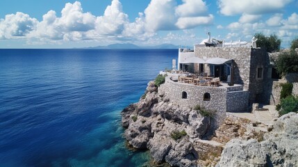 Naklejka premium Aerial shot of a white-brick cafe on a remote island, with stone walls, blue ocean, and skies with white clouds blending seamlessly.