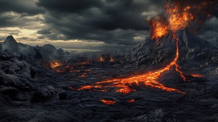 Volcanic landscape with erupting lava, jagged rocks, and an ominous sky, capturing the power and intensity of nature.