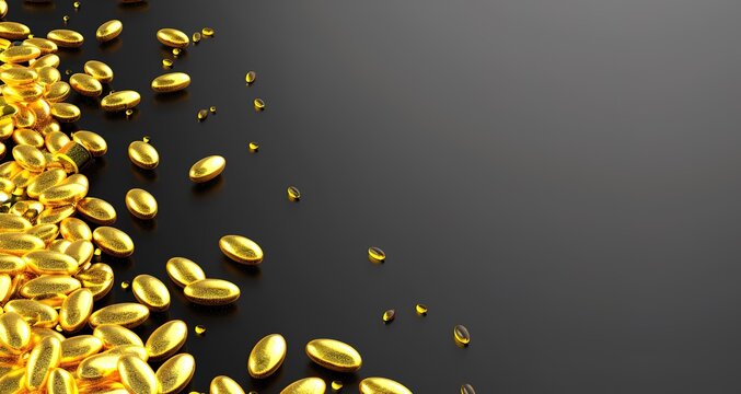 Golden capsules scattered on a black background, leaving copy space for your text. A minimalist design concept for healthcare, wealth or luxury.