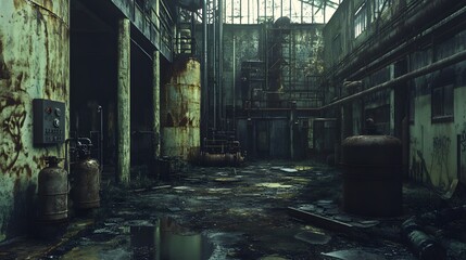 42. An eerie, abandoned industrial site with remnants of toxic chemicals and equipment