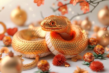Fototapeta premium Chinese gold snake with happy lunar new year theme on white background