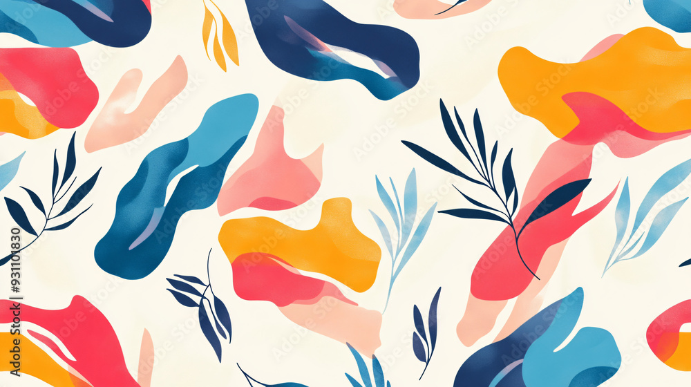 Poster colorful abstract shapes with fluid forms and delicate leaves, forming a playful seamless pattern on
