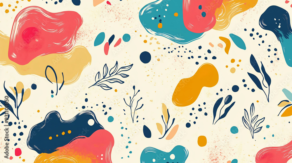 Poster colorful abstract shapes with fluid forms and delicate leaves, forming a playful seamless pattern on
