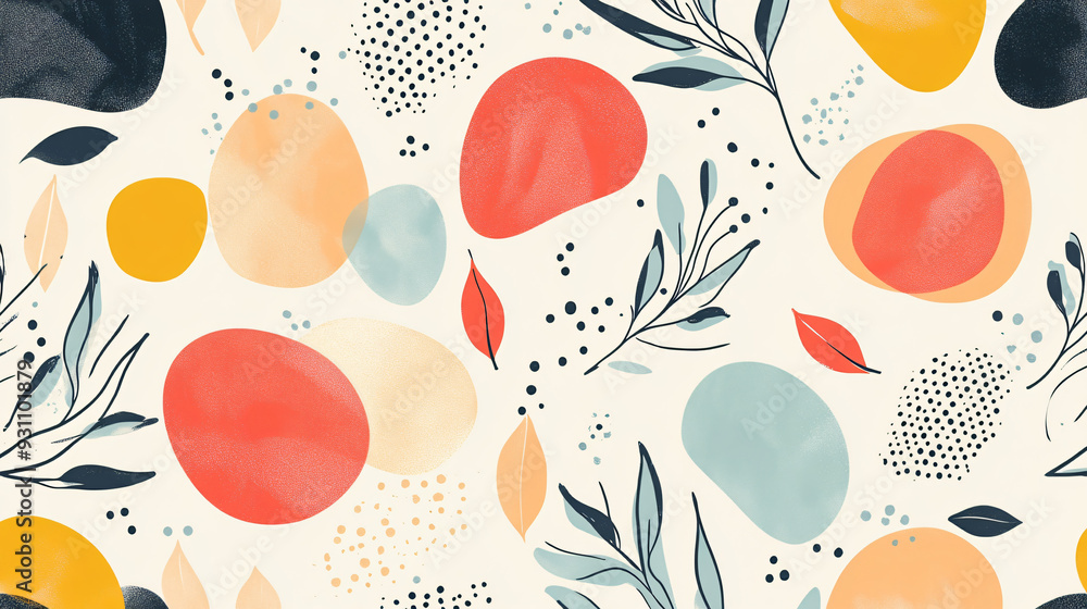 Poster colorful abstract shapes with fluid forms and delicate leaves, forming a playful seamless pattern on
