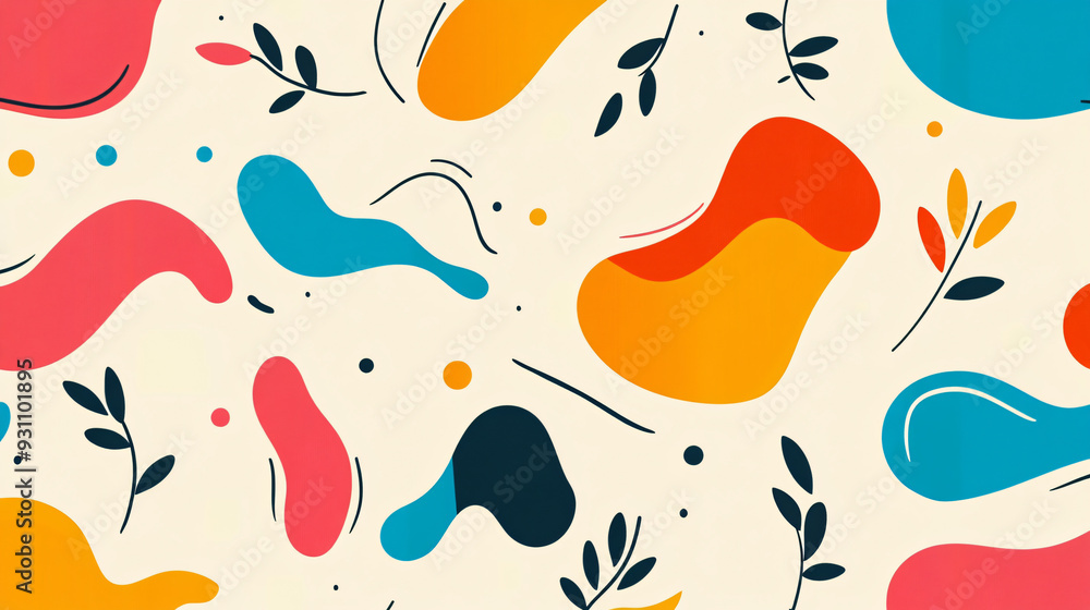 Poster colorful abstract shapes with smooth curves and small leaves, forming a vibrant seamless pattern on 