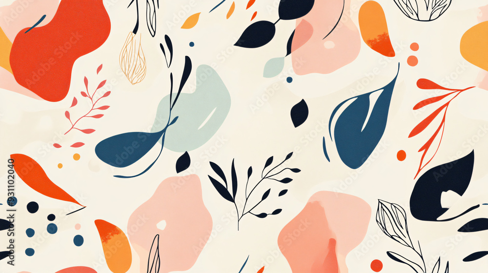 Poster colorful abstract shapes with fluid forms and delicate leaves, forming a playful seamless pattern on