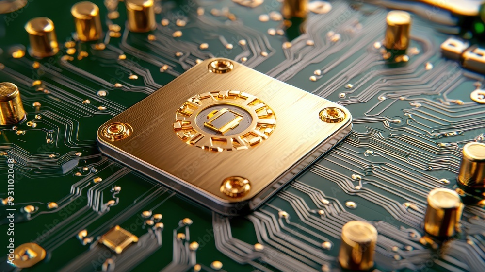 Poster close-up of a modern microprocessor on a green circuit board showcasing intricate details and gold a