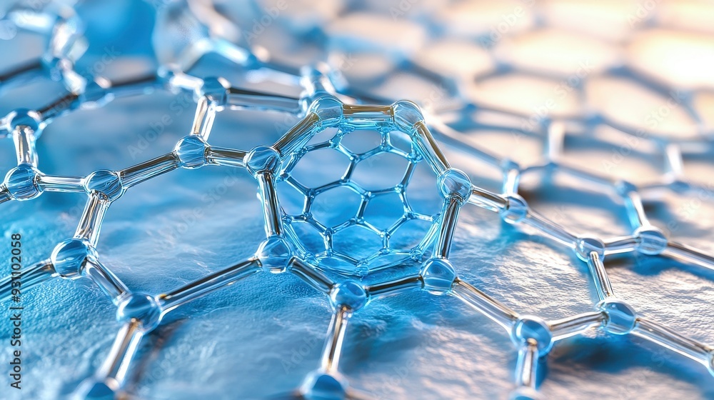 Poster close-up of a molecular structure, showcasing interconnected hexagonal patterns in a vibrant blue li