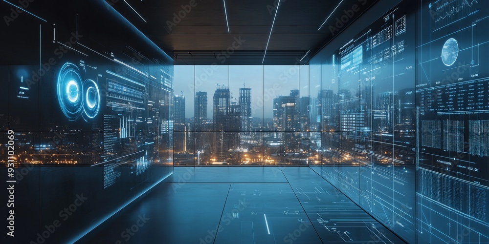 Poster Futuristic interface designed for intelligent building management, featuring real-time data visualization, responsive controls, and innovative design elements