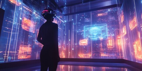 Close-up of a user experiencing augmented reality in a futuristic architectural space, with holographic displays and immersive design elements