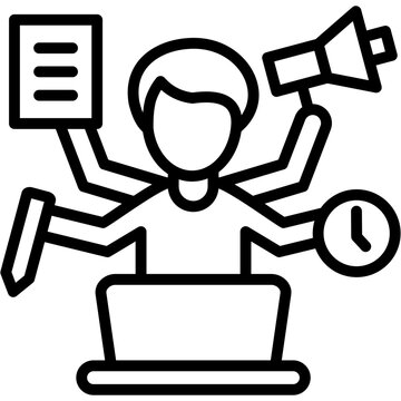 multitasking person with laptop, megaphone, clock clip art preview