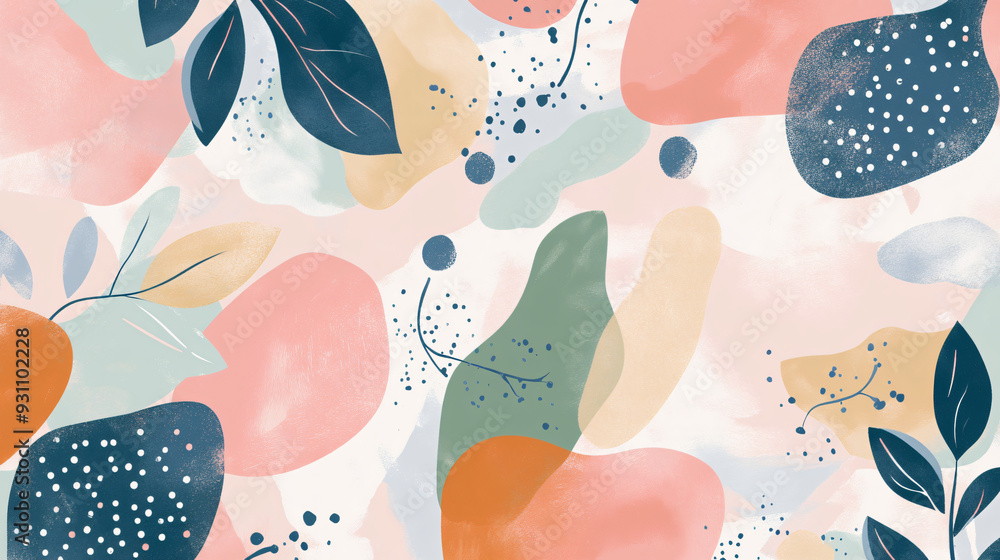 Poster colorful fluid organic shapes blended with leaves and dots, creating a whimsical pattern on a soft p