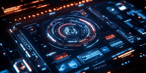 Obraz premium Futuristic UI layout designed for space missions, featuring responsive holographic elements, orbit controls, and dynamic celestial visualization